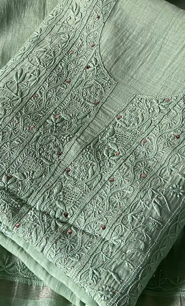 Women's Lakhnavi Handcrafted Mul Chanderi Unstitched Kurta And Dupatta Set - HONC0324501