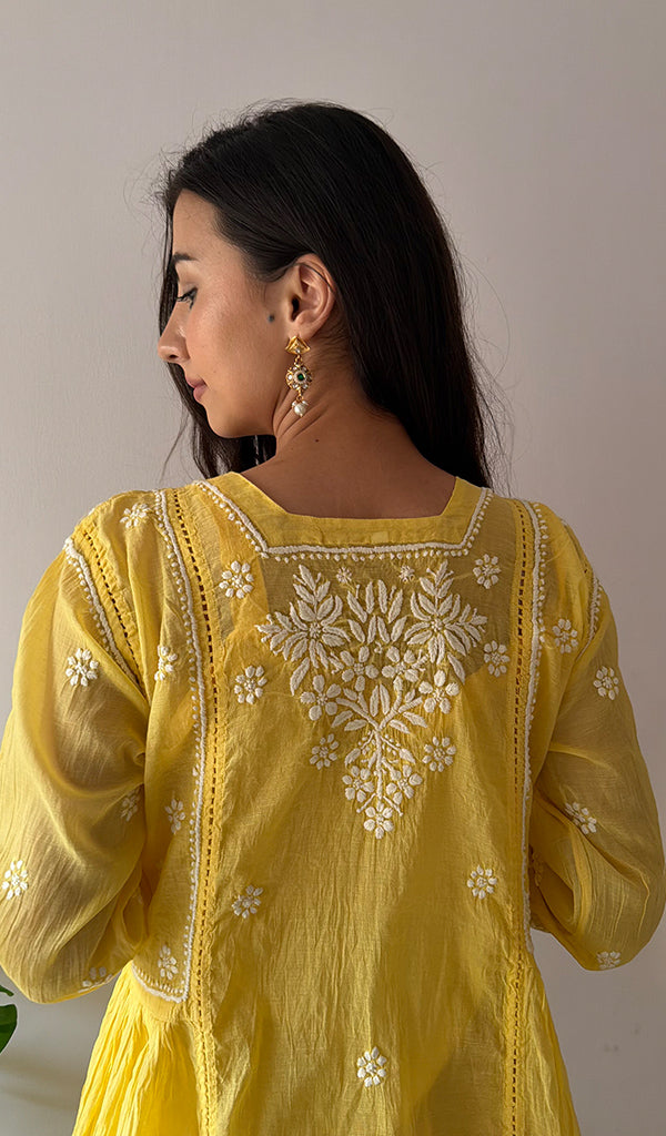 Fariah Women's Lucknowi Handcrafted Mul Chanderi Chikankari Kurti - HONC0264995