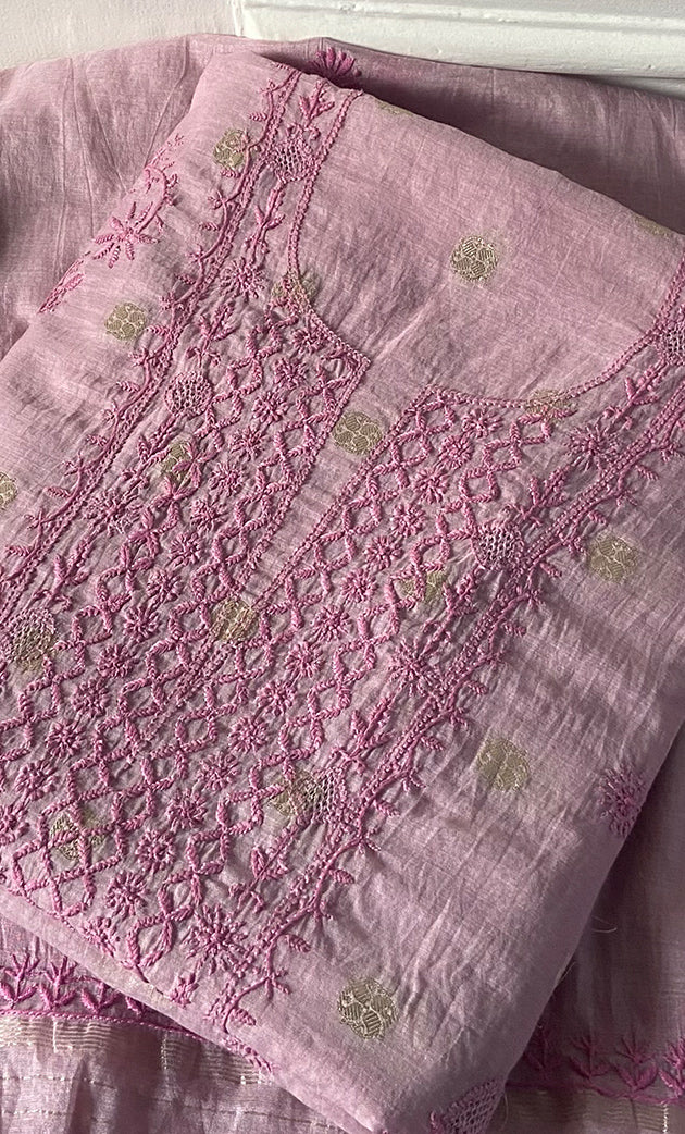 Women's Lakhnavi Handcrafted Mul Chanderi Unstitched Chikankari Full Suit Material - HONC0316859