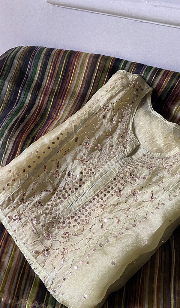 Women's Lucknowi Handcrafted Pure Organza Silk Chikankari Semi- stitched Kurta Dupatta Set- HONC0334803