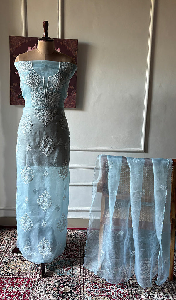 Women's Lakhnavi Handcrafted Pure Organza Chikankari Unstitched Kurta And Dupatta Set- HONC0351154