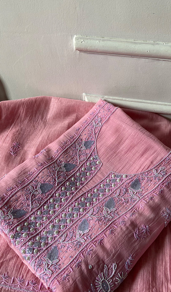 Women's Lakhnavi Handcrafted Mul Chanderi Unstitched Chikankari Full Suit - HONC0354708
