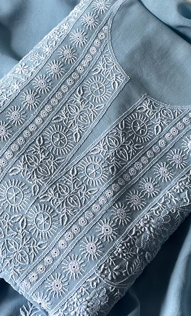 Women's Lakhnavi Handcrafted Pure Silk Georgette Chikankari Kurta And Dupatta Set- HONC0300705