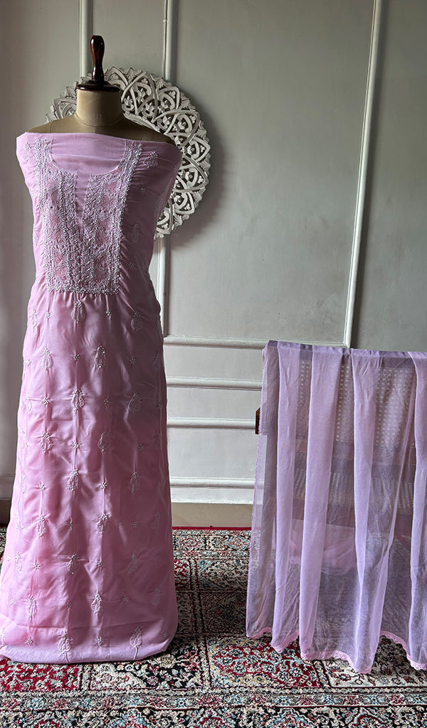 Women's Lakhnavi Handcrafted Cotton Unstitched Chikankari Suit Material - HONC0379159