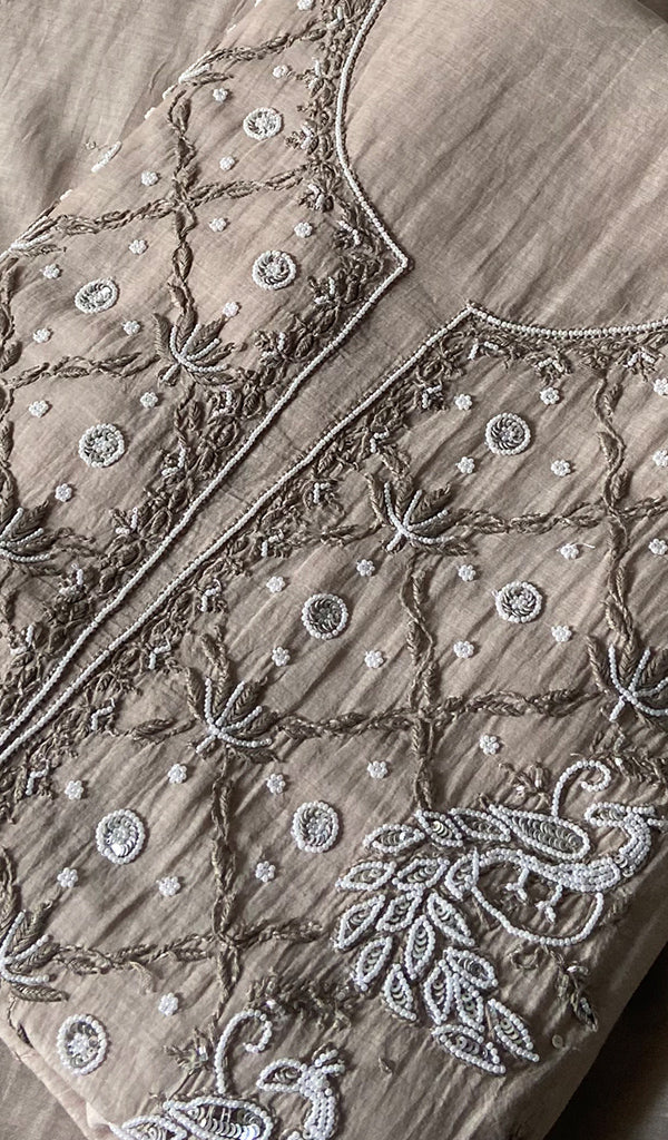 Women's Lakhnavi Handcrafted Mul Chanderi  Unstitched Chikankari Full Suit Material - HONC0339568