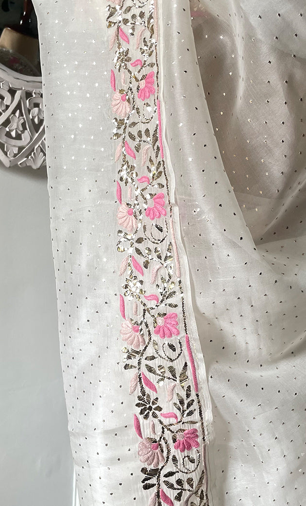 Women's Lucknowi Handcrafted Pure Organza Silk Chikankari Saree - HONC0329246