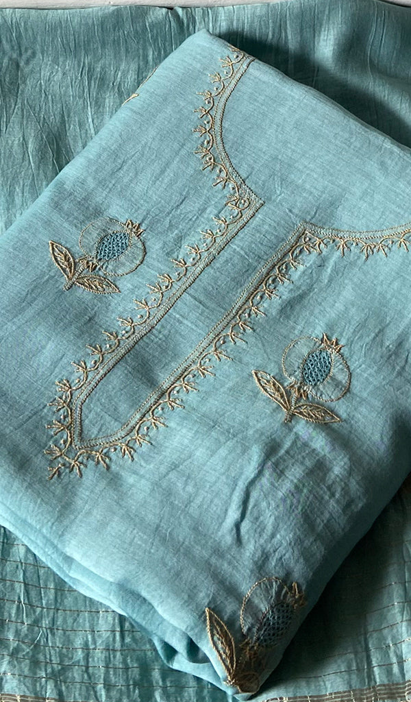 Women's Lakhnavi Handcrafted Chanderi Silk Unstitched Chikankari Full Suit - HONC0345273