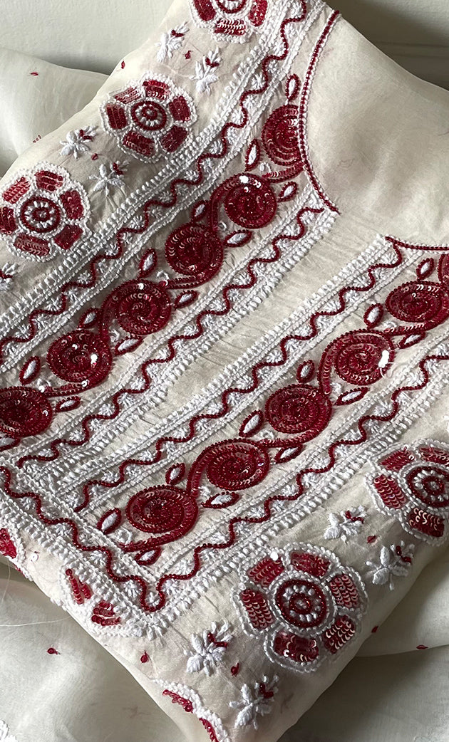 Women's Lakhnavi Handcrafted Pure Organza Chikankari Unstitched Kurta And Dupatta Set- HONC0328890