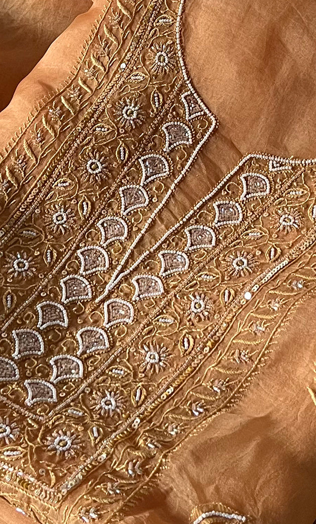 Women's Lakhnavi Handcrafted Pure Organza Chikankari Unstitched Kurta And Dupatta Set- HONC0311700