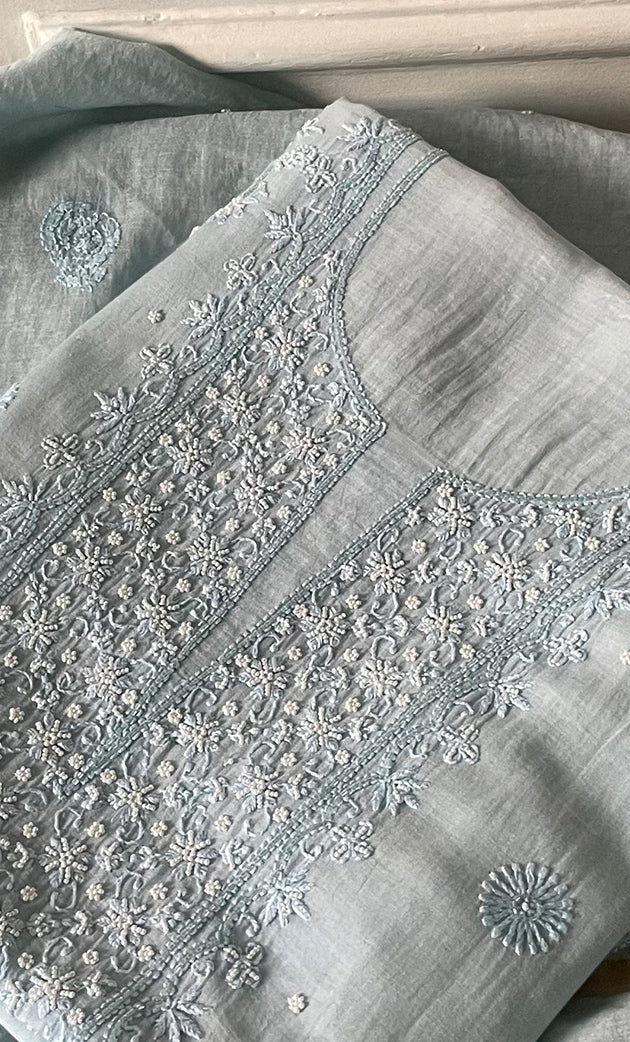 Women's Lakhnavi Handcrafted Mul Chanderi Chikankari Full Suit Material - HONC0287087