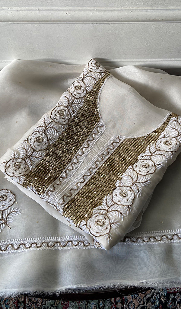 Women's Lakhnavi Handcrafted Pure Organza Chikankari Unstitched Kurta And Dupatta Set- HONC0359794