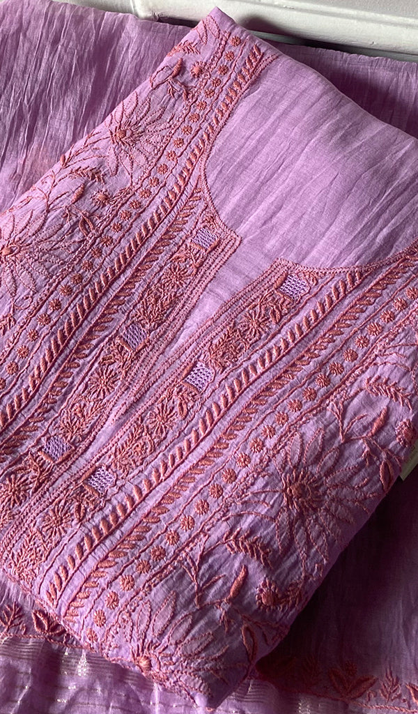 Women's Lucknowi Handcrafted Chanderi Silk Unstitched Chikankari Full Suit Material - HONC0342151