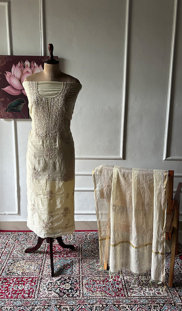 Women's Lakhnavi Handcrafted Mul Chanderi Unstitched Chikankari Full Suit Material - HONC0345323