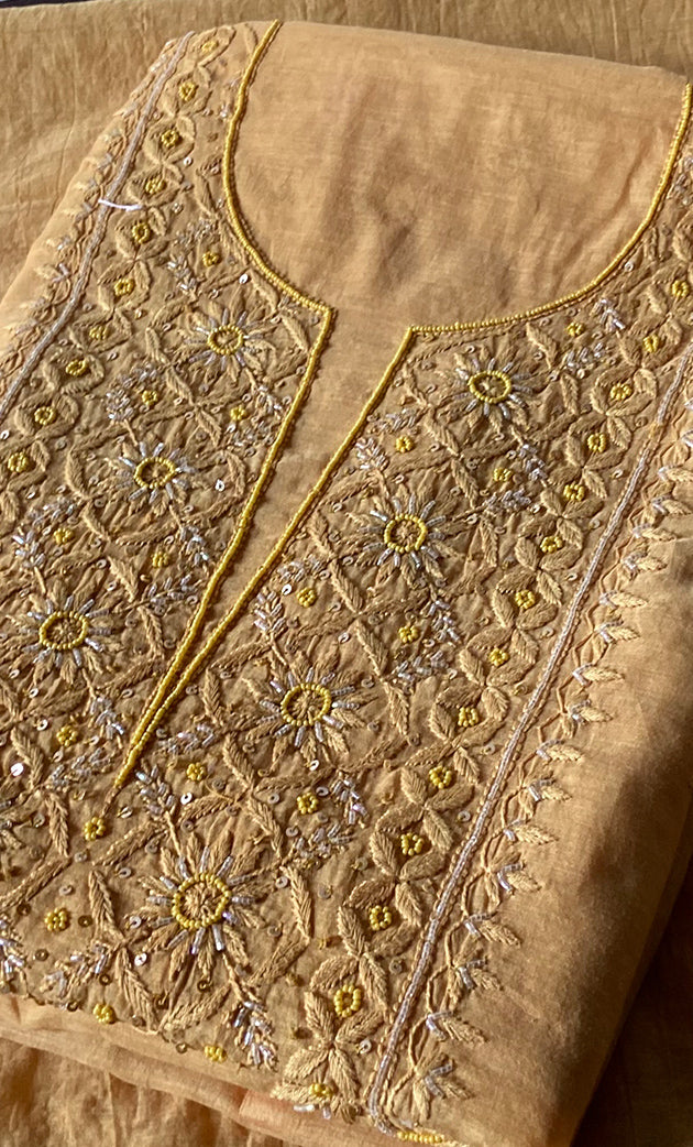 Women's Lakhnavi Handcrafted Mul Chanderi Unstitched Chikankari Full Suit Material - HONC0328113