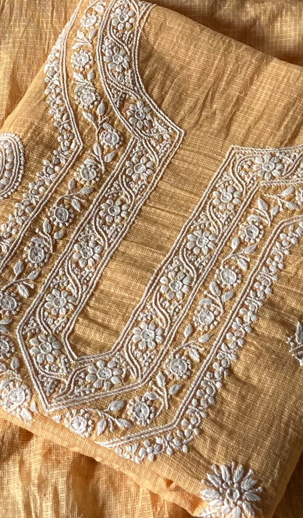 Women's Lucknowi Handcrafted Kota Cotton Chikankari Unstitched Kurta And Dupatta Set - HONC0371819