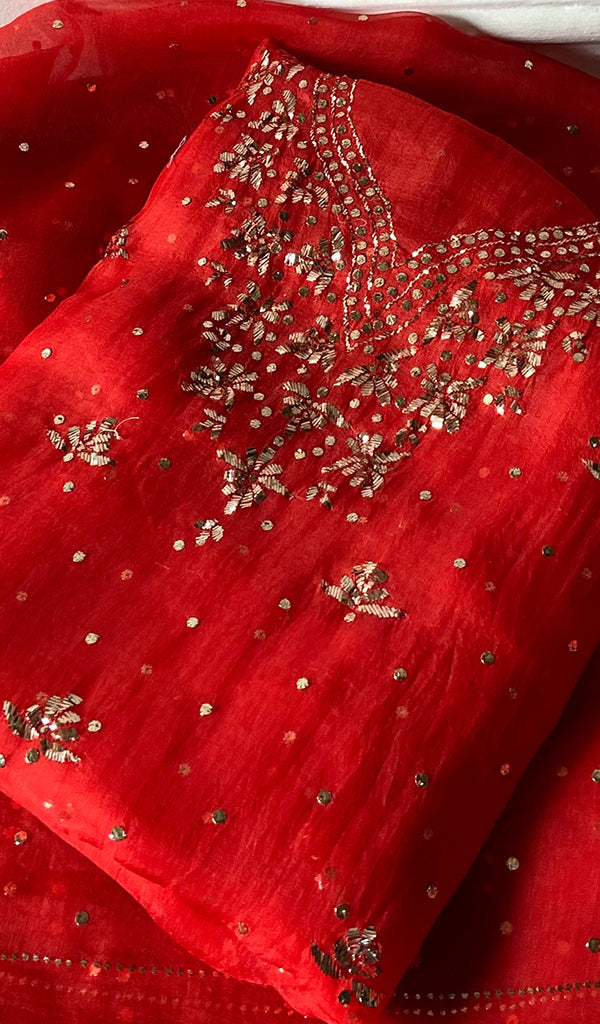 Marifa Women's Lakhnavi Handcrafted Pure Organza Chikankari Unstitched Kurta And Dupatta Set- HONC0336623