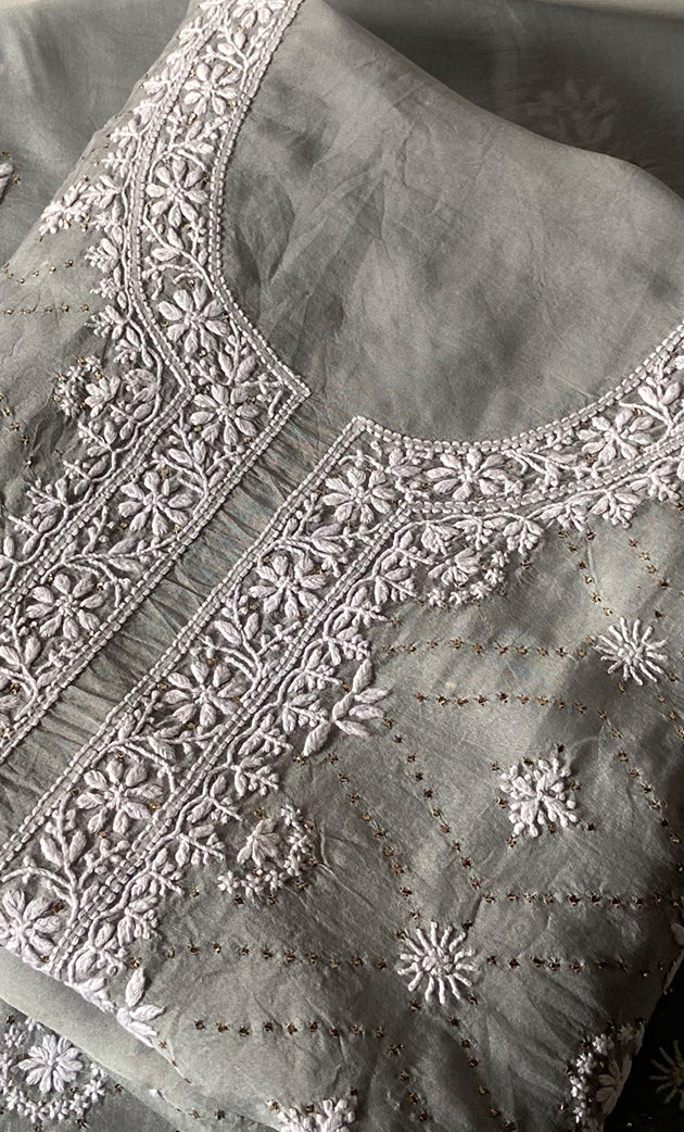 Rubi Women's Lakhnavi Handcrafted Pure Organza Chikankari Unstitched Kurta And Dupatta Set-  HONC0326309