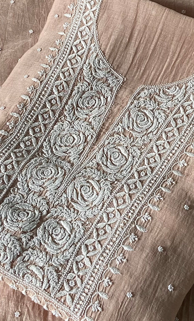 Women's Lakhnavi Handcrafted Unstitchd Mul Chanderi Kurta And Dupatta Set - HONC0338195