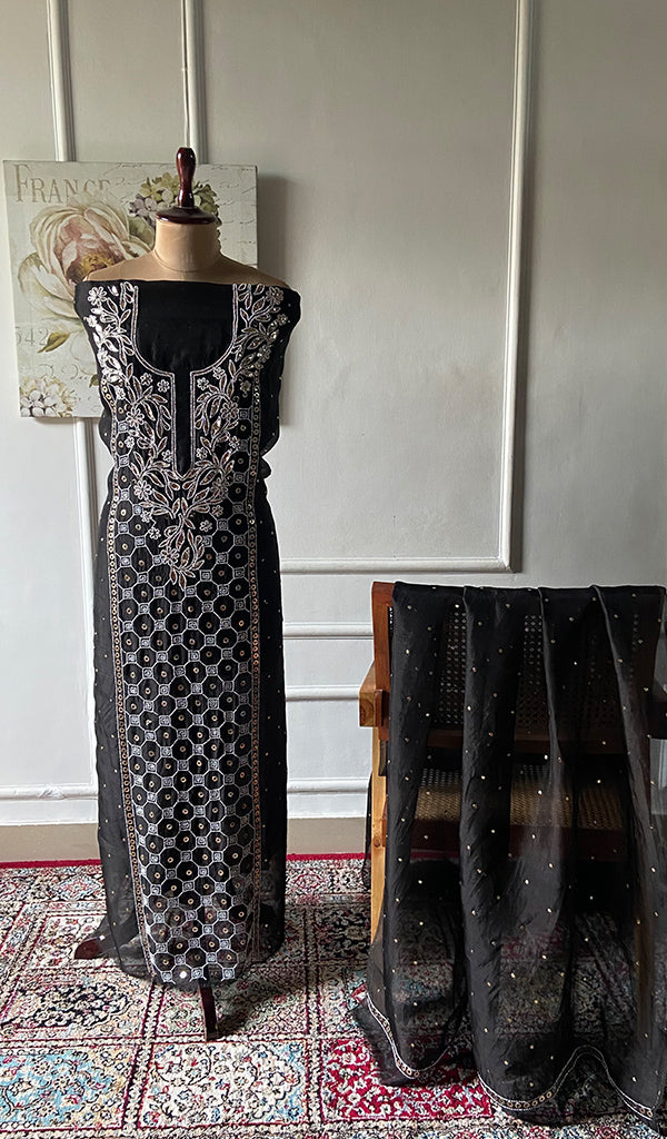 Women's Lakhnavi Handcrafted Pure Organza  Silk Chikankari Unstitched Full Suit Material - HONC0313611