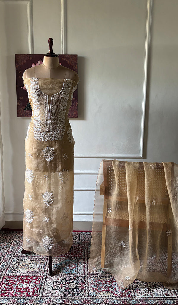 Women's Lakhnavi Handcrafted Pure Organza Chikankari Unstitched Kurta And Dupatta Set- HONC0346451