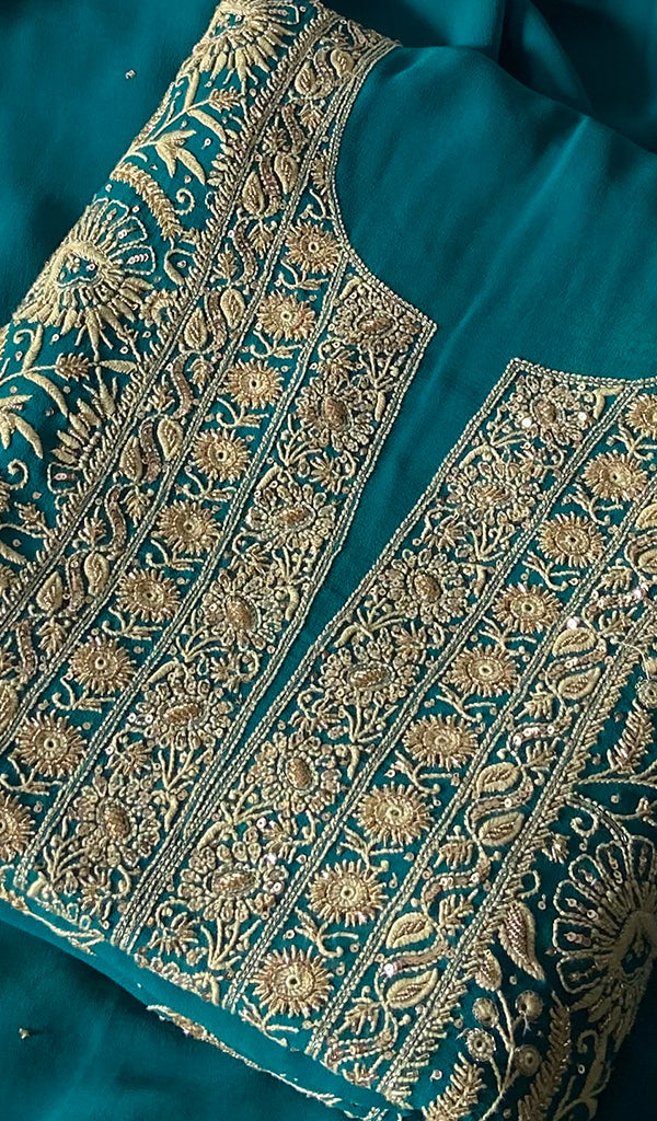 Women's Lakhnavi Handcrafted Pure Silk Georgette Chikankari Kurta And Dupatta Set - HONC0346865