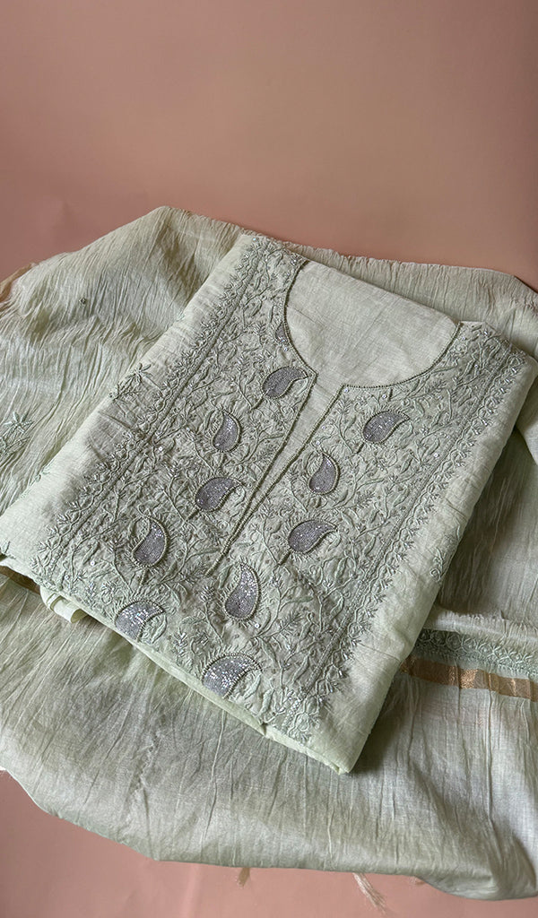 Women's Lakhnavi Handcrafted Mul Chanderi Unstitched Chikankari Full Suit Material - HONC0370486