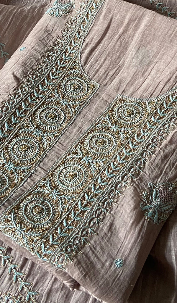 Women's Lakhnavi Handcrafted Mul Chanderi Unstitched Kurta And Dupatta Set - HONC0326140