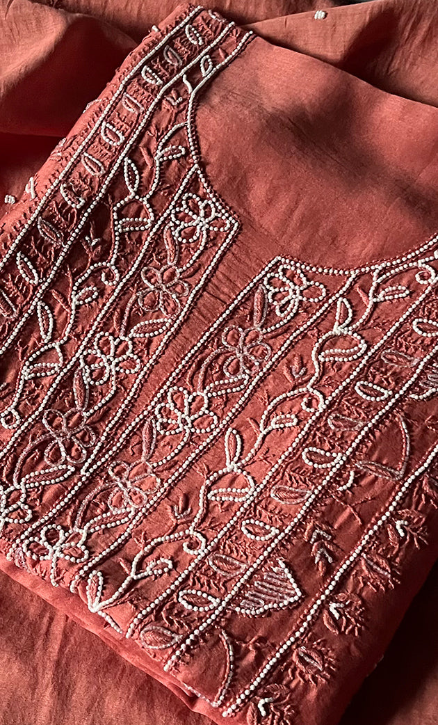 Women's Lucknowi Handcrafted Chanderi Silk Chikankari Full Suit Material - HONC0278002