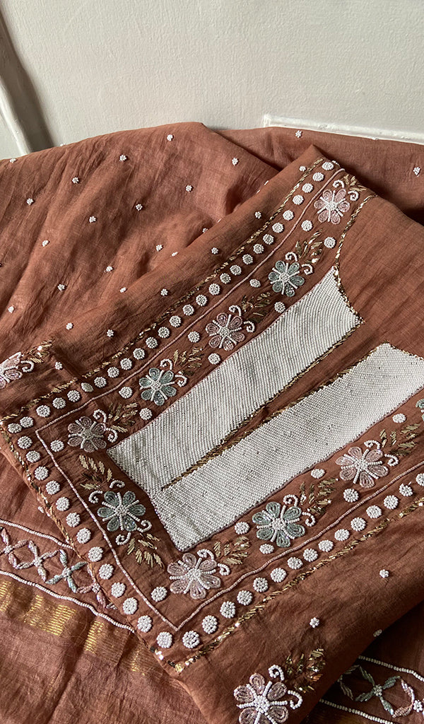 Nitara Women's Lakhnavi Handcrafted Mul Chanderi Unstitched Chikankari Full Suit - HONC0362601