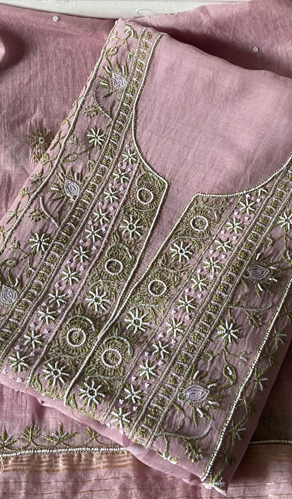 Womens Lakhnavi Handcrafted Mul Chanderi Unstitched Kurta And Dupatta Set