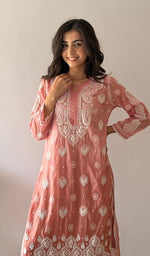 Load image into Gallery viewer, Women's Lucknowi Handcrafted Mul Chanderi Stitched Chikankari Kurta And Plazzo Set- HONC0378780