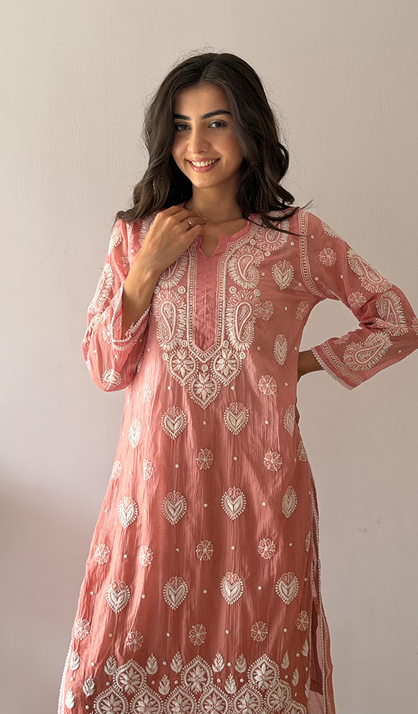 Women's Lucknowi Handcrafted Mul Chanderi Stitched Chikankari Kurta And Plazzo Set- HONC0378780