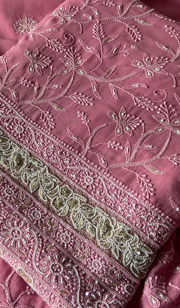 Women's Lakhnavi Handcrafted Pure Silk Georgette Chikankari Kurta And Dupatta Set - HONC0271642