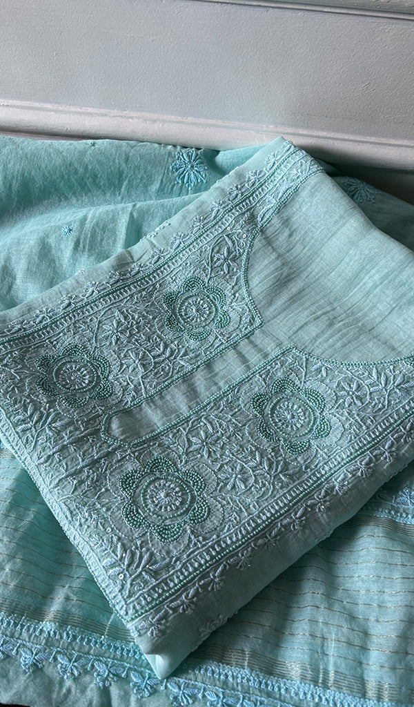 Women's Lakhnavi Handcrafted Mul Chanderi Unstitched Chikankari Full Suit Material - HONC0344357