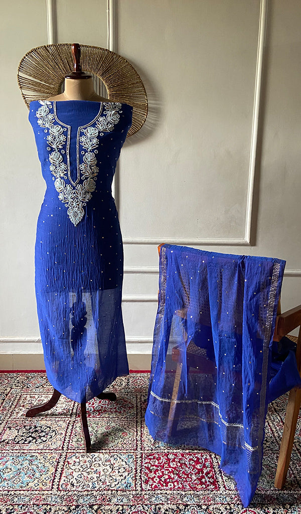 Women's Lakhnavi Handcrafted Mul Chanderi Unstitched Chikankari Full Suit - HONC0344642