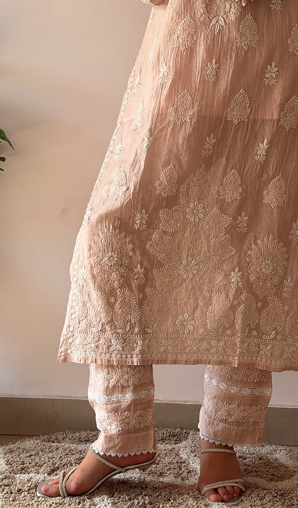 Women's Lucknowi Handcrafted Mul Chanderi Stitched Chikankari Kurta And Plazzo Set- HONC03788220