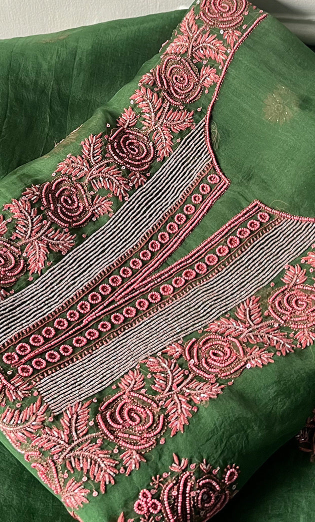 Women's Lakhnavi Handcrafted Pure Organza Chikankari Unstitched Kurta And Dupatta Set- HONC0311849