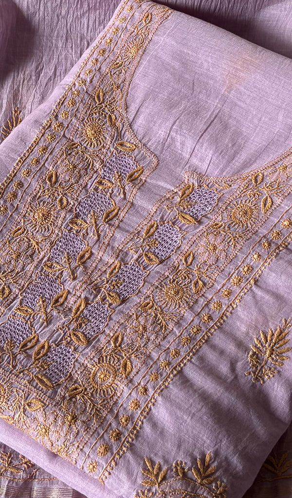 Women's Lakhnavi Handcrafted Chanderi Silk Unstitched Chikankari Full Suit - HONC0351091