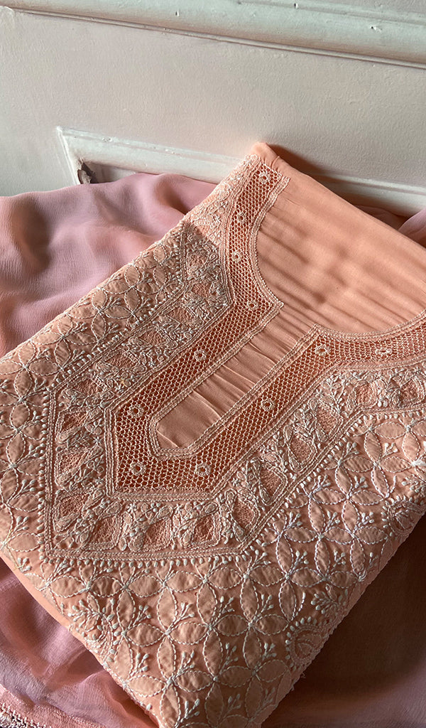 Women's Lakhnavi Handcrafted Cotton Unstitched Chikankari Suit Material - HONC0367381