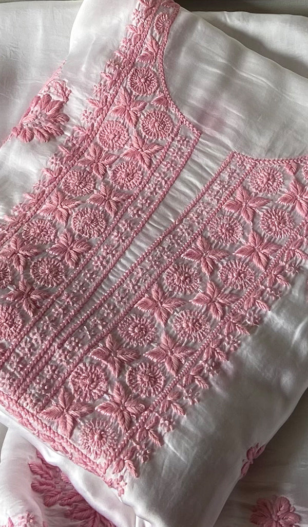 Women's Lakhnavi Handcrafted Modal Cotton Unstitched Chikankari Kurta Dupatta Set - HONC0334626