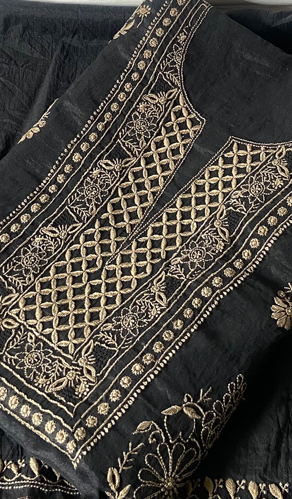 Women's Lakhnavi Handcrafted Mul Chanderi Unstitched Chikankari Full Suit - HONC0351095