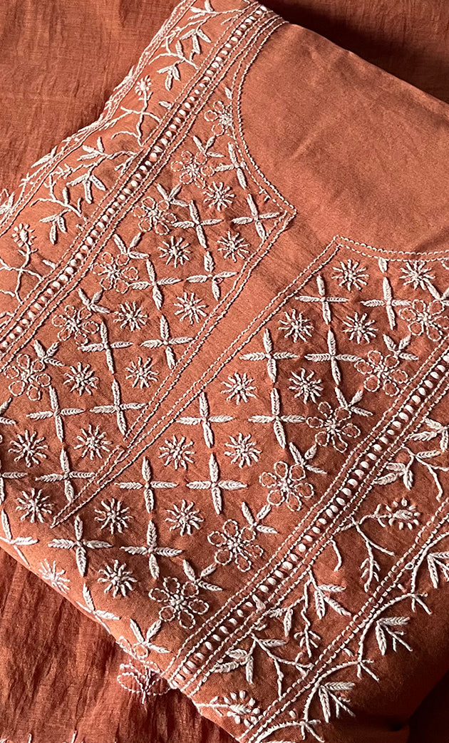 Women's Lucknowi Handcrafted Chanderi Silk Unstitched Chikankari Full Suit Material - HONC0253703