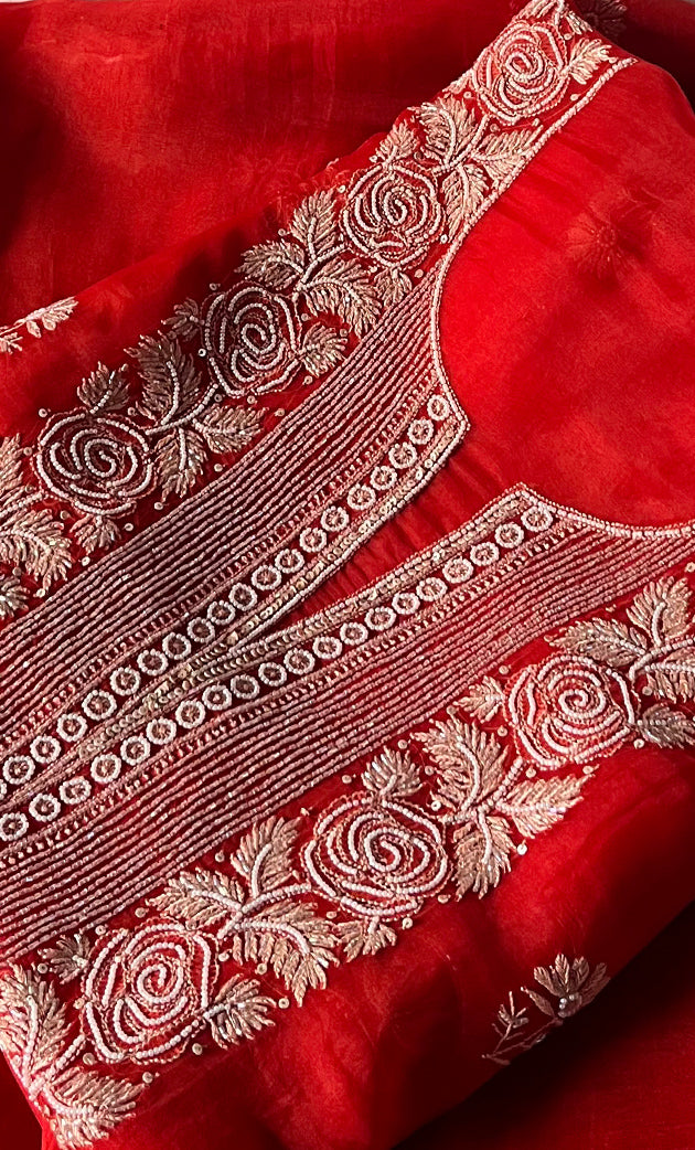 Women's Lakhnavi Handcrafted Pure Organza Chikankari Unstitched Kurta And Dupatta Set- HONC0311701