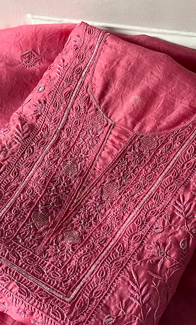 Women's Lakhnavi Handcrafted Pure Organza Chikankari Unstitched Kurta And Dupatta Set- HONC0327846