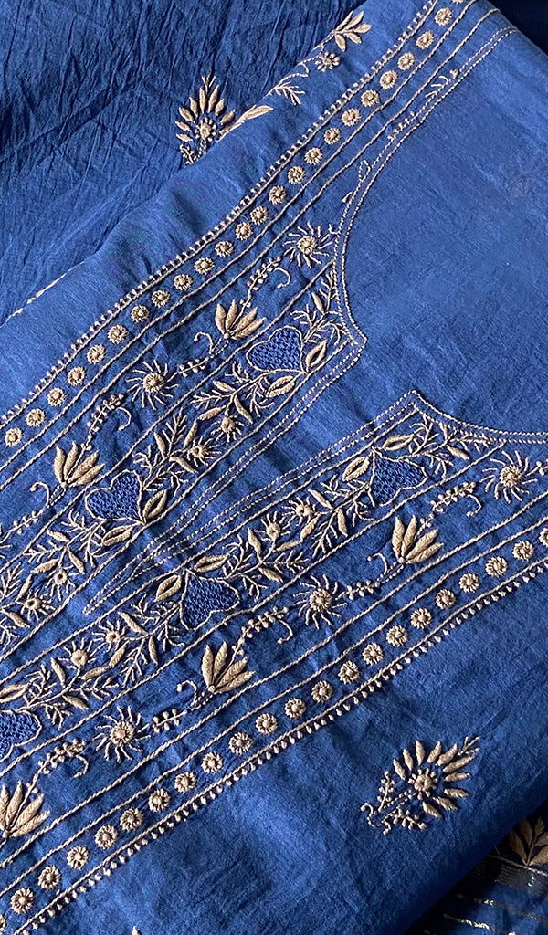 Women's Lucknowi Handcrafted Chanderi Silk Unstitched Chikankari Full Suit Material - HONC0351090