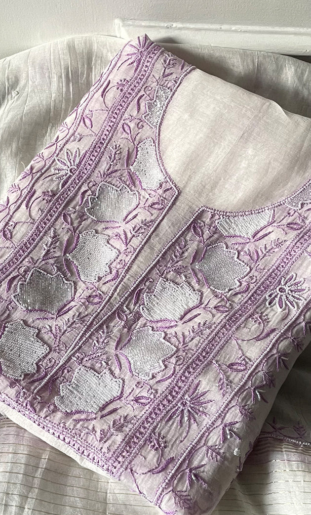 Women's Lakhnavi Handcrafted Unstitched Mul Chanderi Kurta And Dupatta Set - HONC0327491