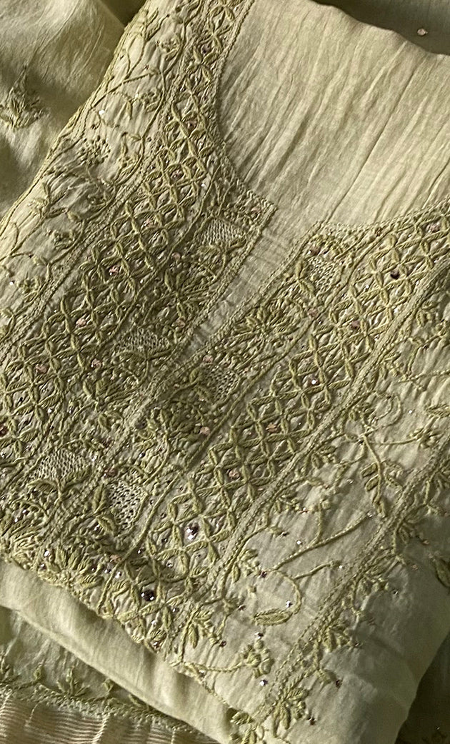 Women's Lakhnavi Handcrafted Mul Chanderi Unstitched Chikankari Full Suit Material - HONC0324472