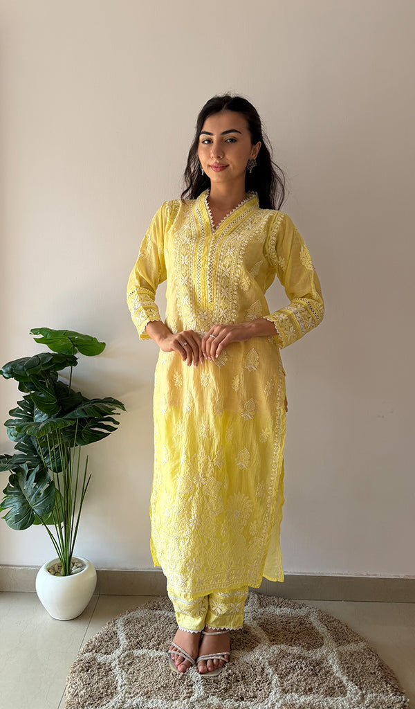 Ziva Women's Lucknowi Handcrafted Mul Chanderi Stitched Chikankari Kurta And Plazzo Set- HONC0378802