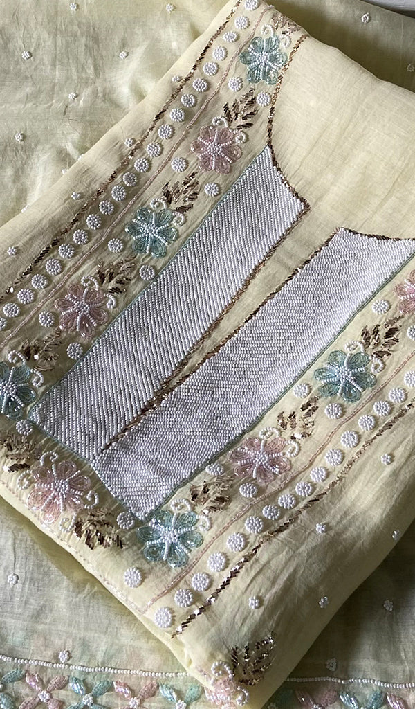 Women's Lakhnavi Handcrafted Mul Chanderi Unstitched Chikankari Full Suit Material - HONC0365830