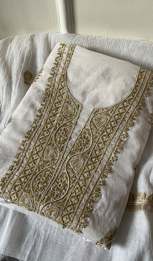 Women's Lakhnavi Handcrafted Mul Chanderi Unstitched Kurta And Dupatta Set - HONC0248430